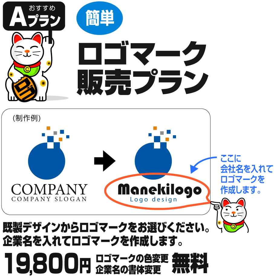 おすすめAプラン　簡単ロゴマーク販売プラン　規制デザインからロゴマークをお選びください。企業名を入れてロゴマークを作成します。19800円　ロゴマークの色変更、企業名の書体変更無料