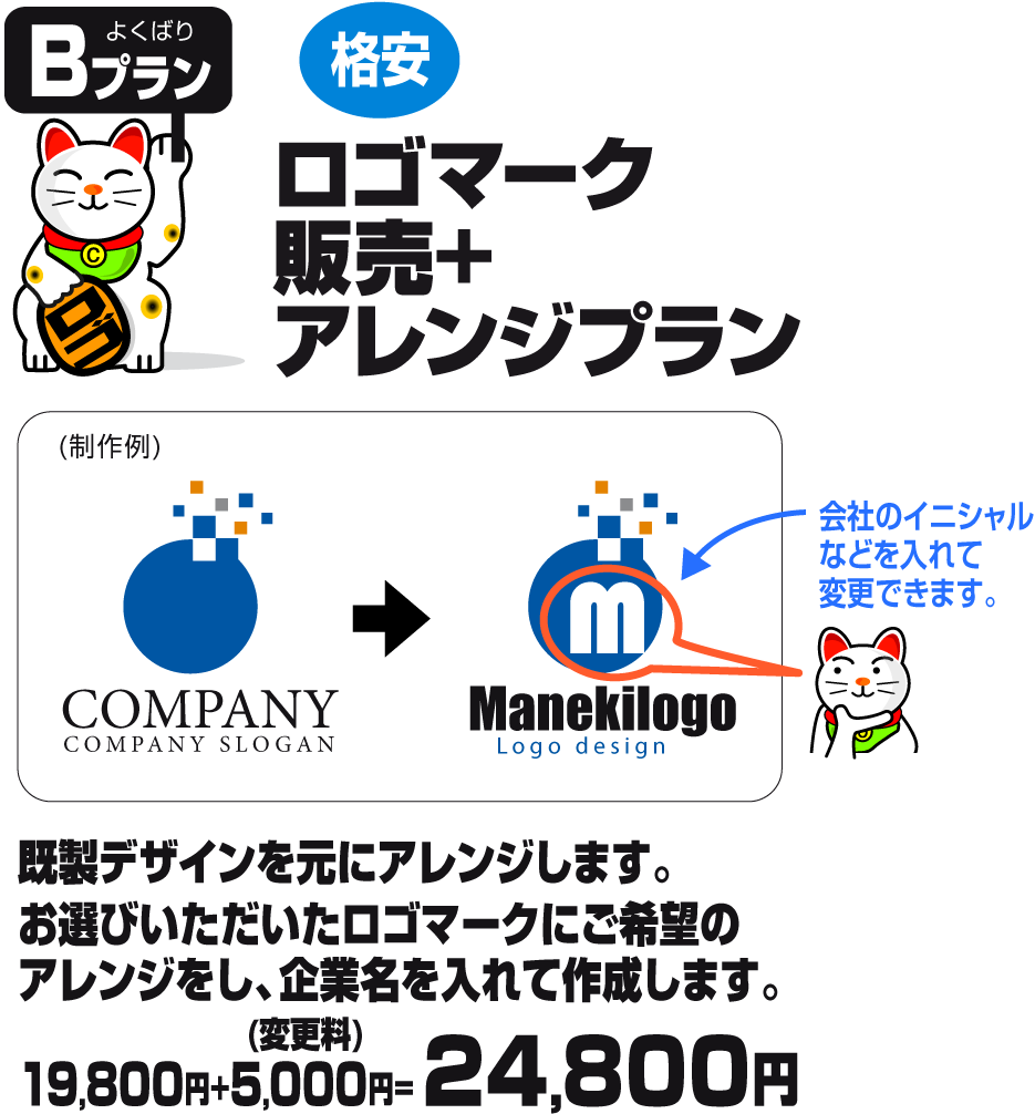 よくばりBプラン　ロゴマーク販売+アレンジプラン　既製デザインを元にアレンジします。お選びいただいたロゴマークにご希望のアレンジをし、企業名を入れて作成します。19800円+5000円=24800円