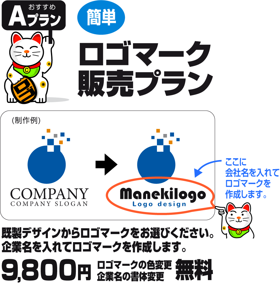 おすすめAプラン　簡単ロゴマーク販売プラン　規制デザインからロゴマークをお選びください。企業名を入れてロゴマークを作成します。9800円　ロゴマークの色変更、企業名の書体変更無料