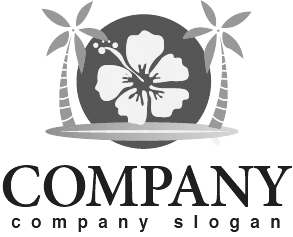 ロゴ作成サンプルです 花 ハイビスカス ヤシの木 サーフボード 太陽 ハワイ ロゴ マークデザイン625をイメージしたロゴデザインです